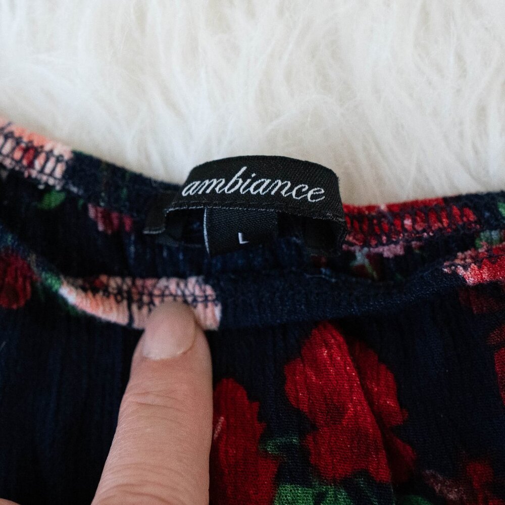 Ambiance Navy Floral Off Shoulder Crop Top | Size L | Long Sleeve Boho Blouse - Picture 2 of 9